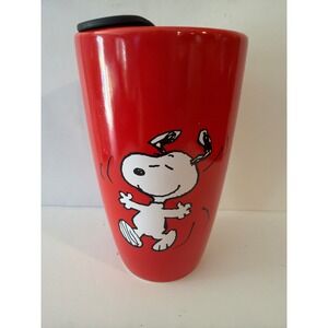 Peanuts Snoopy Red Ceramic Travel Mug Stoneware Modern Gourmet Foods Happy Dance